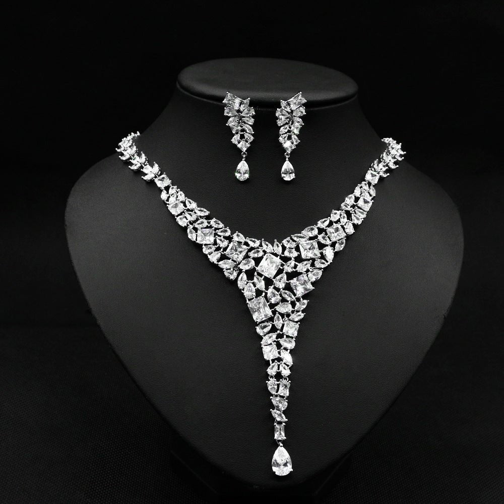 Bridal Necklace Ear Stud Color Zircon Necklace Suit Wedding Dress Wedding Earring Accessories - Luzilly Bridal & Apparel