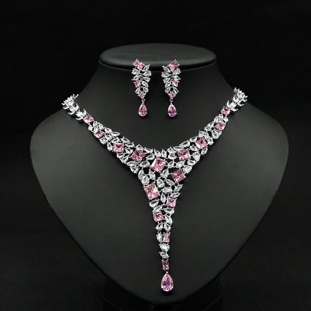 Bridal Necklace Ear Stud Color Zircon Necklace Suit Wedding Dress Wedding Earring Accessories - Luzilly Bridal & Apparel