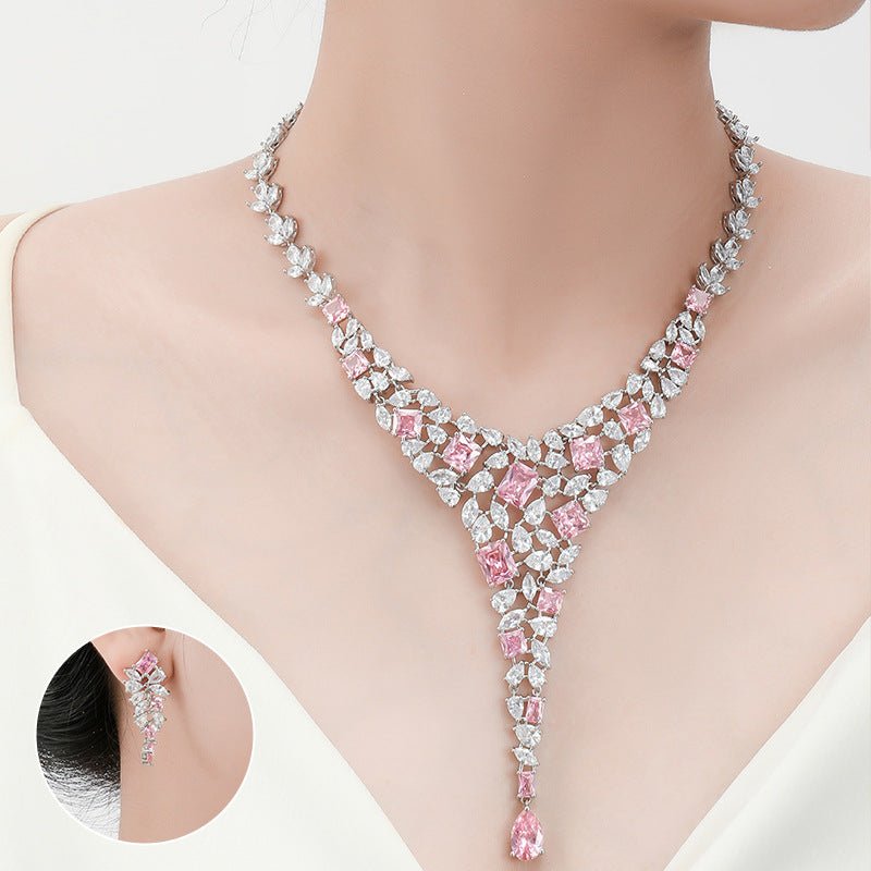 Bridal Necklace Ear Stud Color Zircon Necklace Suit Wedding Dress Wedding Earring Accessories - Luzilly Bridal & Apparel