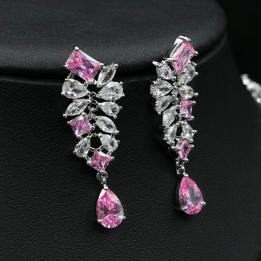 Bridal Necklace Ear Stud Color Zircon Necklace Suit Wedding Dress Wedding Earring Accessories - Luzilly Bridal & Apparel