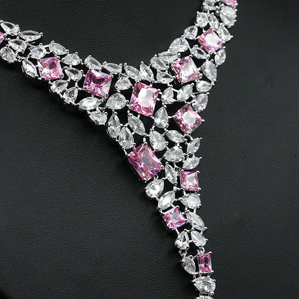 Bridal Necklace Ear Stud Color Zircon Necklace Suit Wedding Dress Wedding Earring Accessories - Luzilly Bridal & Apparel
