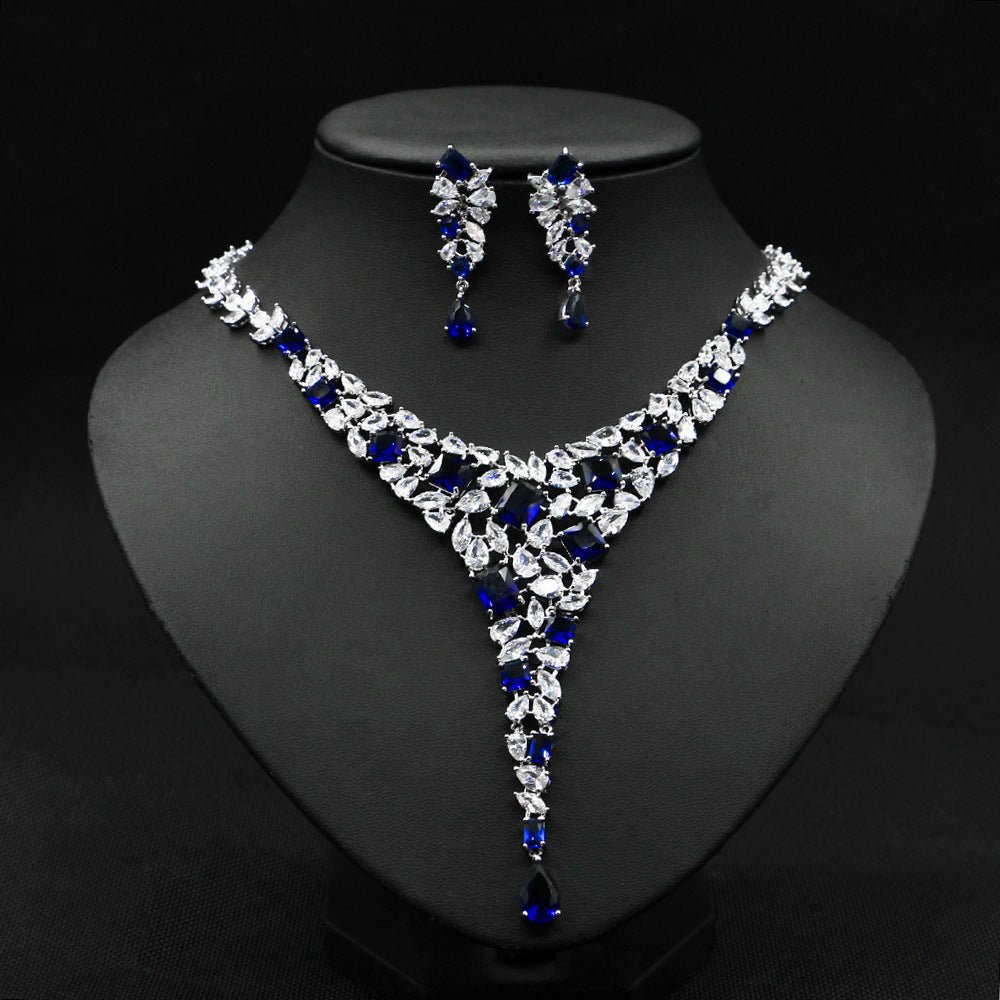 Bridal Necklace Ear Stud Color Zircon Necklace Suit Wedding Dress Wedding Earring Accessories - Luzilly Bridal & Apparel