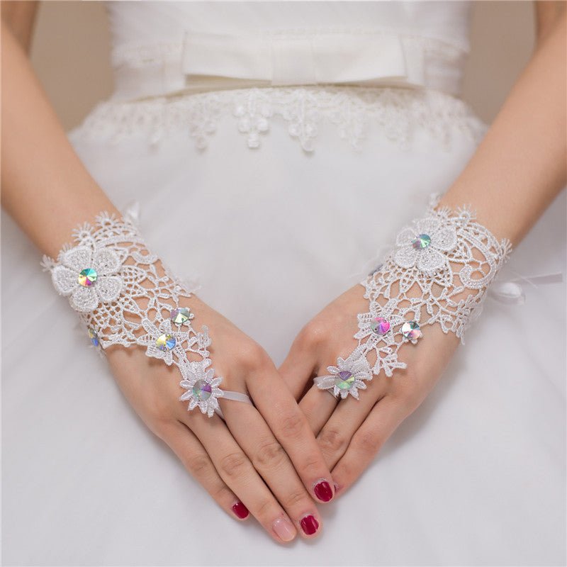Bridal Wedding Dress Water Soluble Flower Fingerless Short Colored Diamond Gloves - Luzilly Bridal & Apparel
