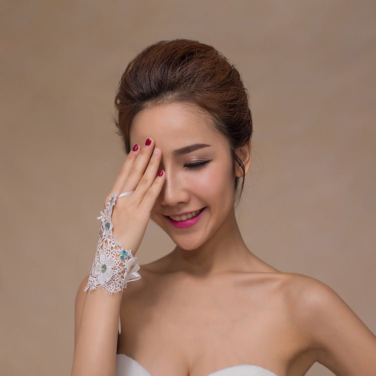 Bridal Wedding Dress Water Soluble Flower Fingerless Short Colored Diamond Gloves - Luzilly Bridal & Apparel