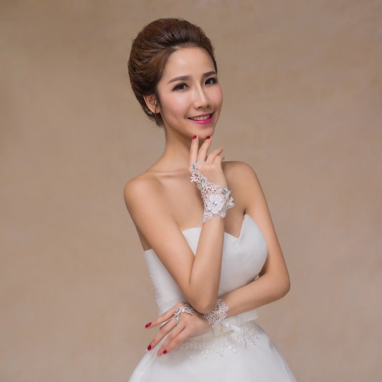 Bridal Wedding Dress Water Soluble Flower Fingerless Short Colored Diamond Gloves - Luzilly Bridal & Apparel