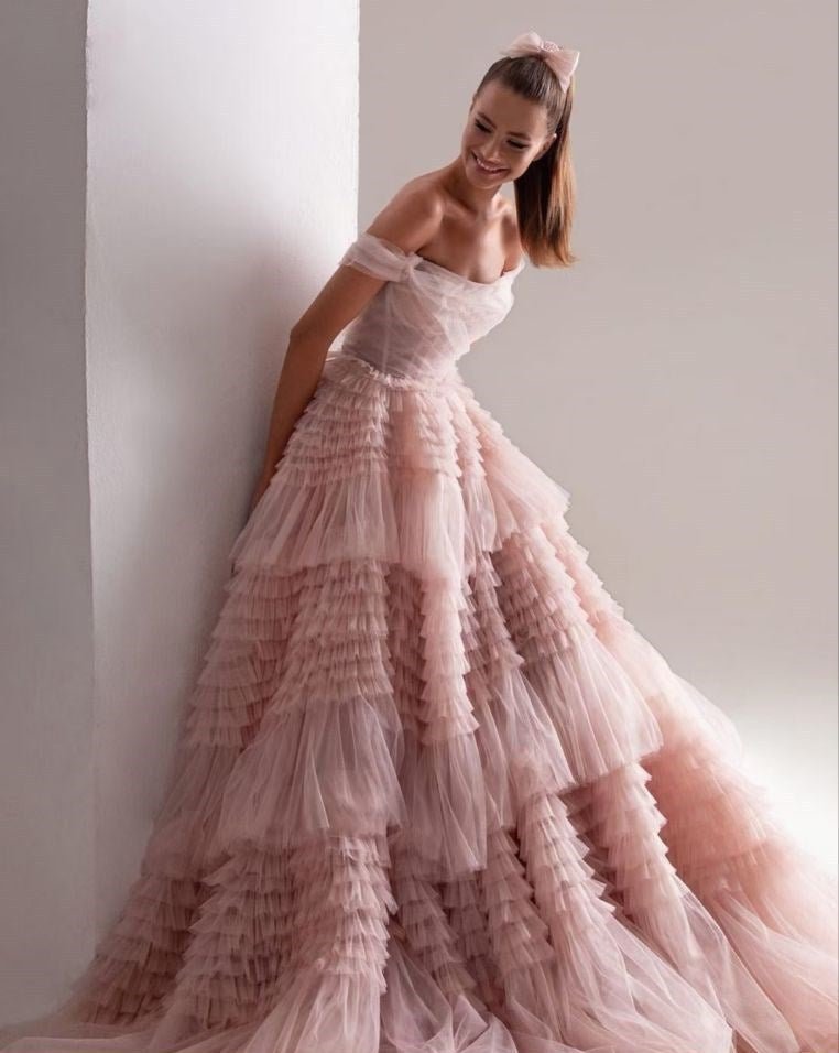 Bridal Wedding One Line Neck Lacquer Mesh Dress - Luzilly Bridal & Apparel