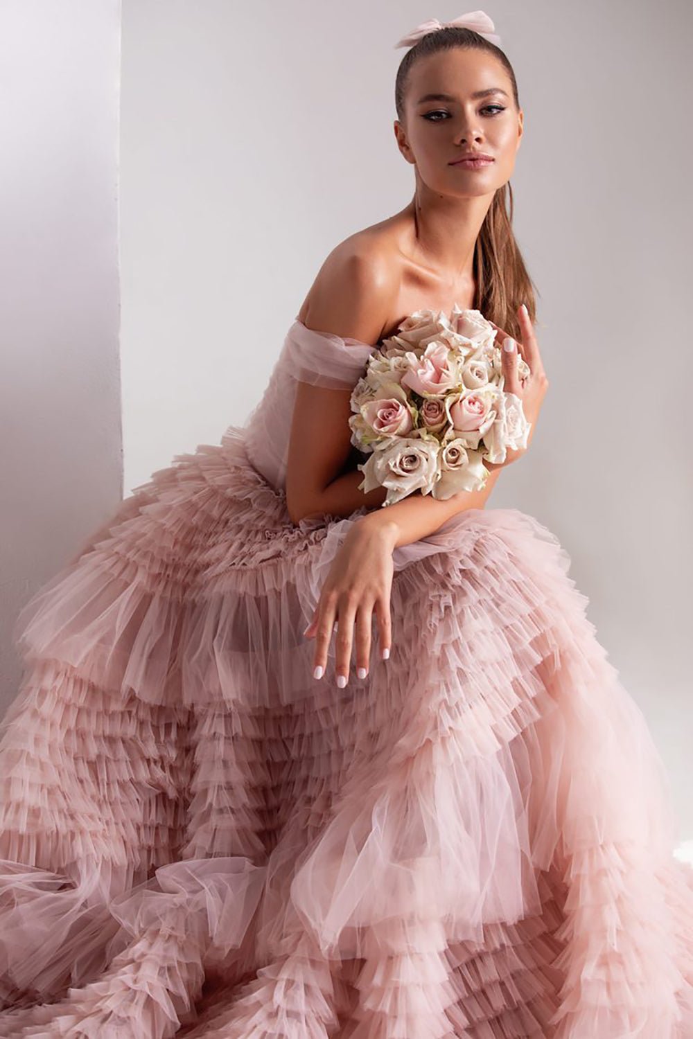 Bridal Wedding One Line Neck Lacquer Mesh Dress - Luzilly Bridal & Apparel
