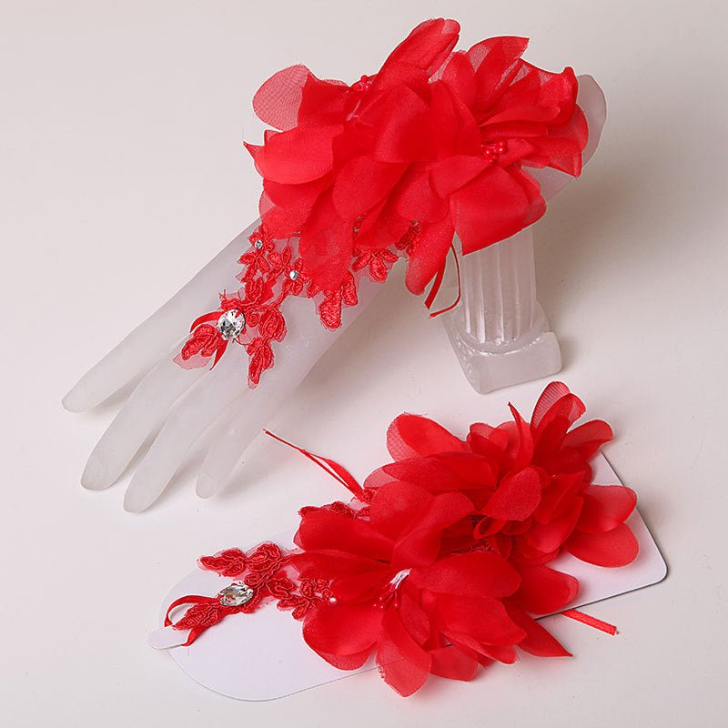 Bridal Wedding Red White Short Lace Wedding Gloves - Luzilly Bridal & Apparel