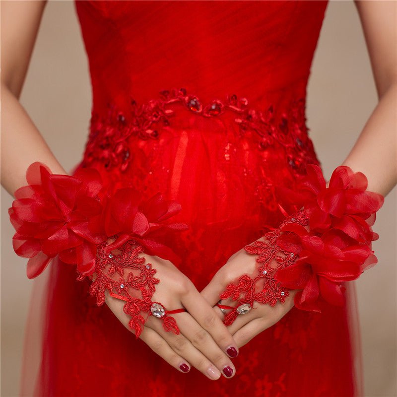 Bridal Wedding Red White Short Lace Wedding Gloves - Luzilly Bridal & Apparel