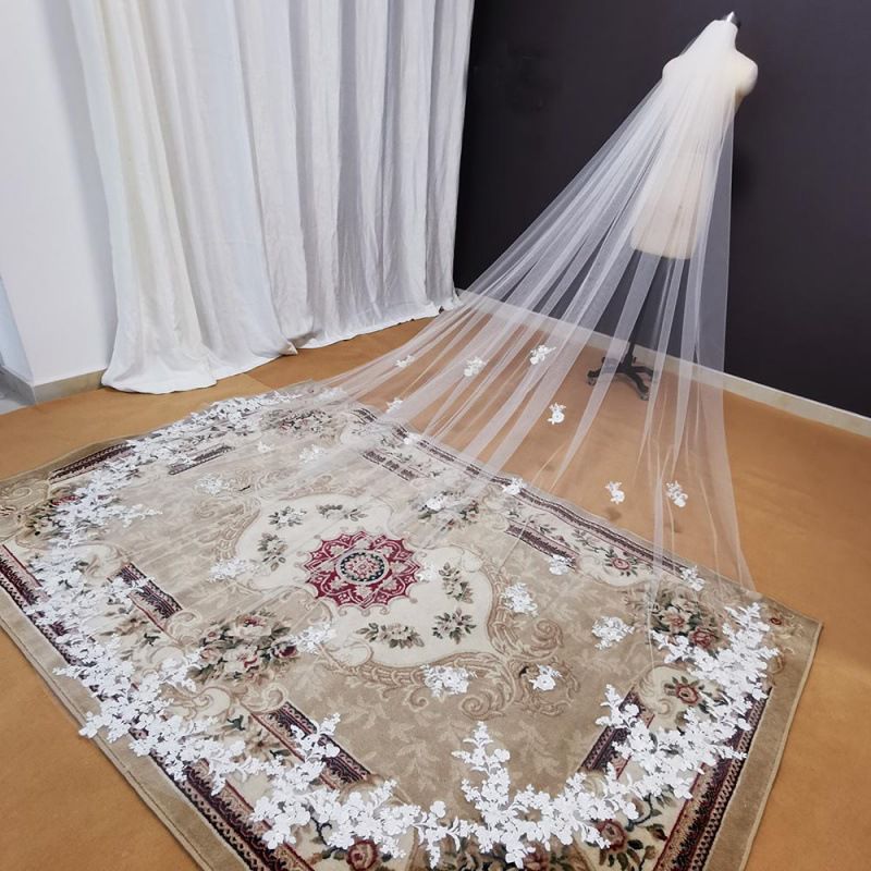 Bridal Wedding Veil Long Cathedral With Comb Embroidery Applique - Luzilly Bridal & Apparel