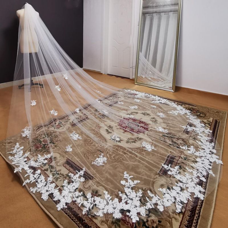 Bridal Wedding Veil Long Cathedral With Comb Embroidery Applique - Luzilly Bridal & Apparel