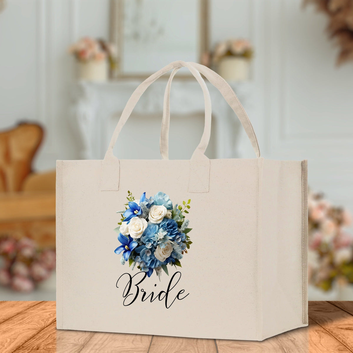 Bride Blue Roses Bouquet Canvas Tote Bag - Luzilly Bridal & Apparel