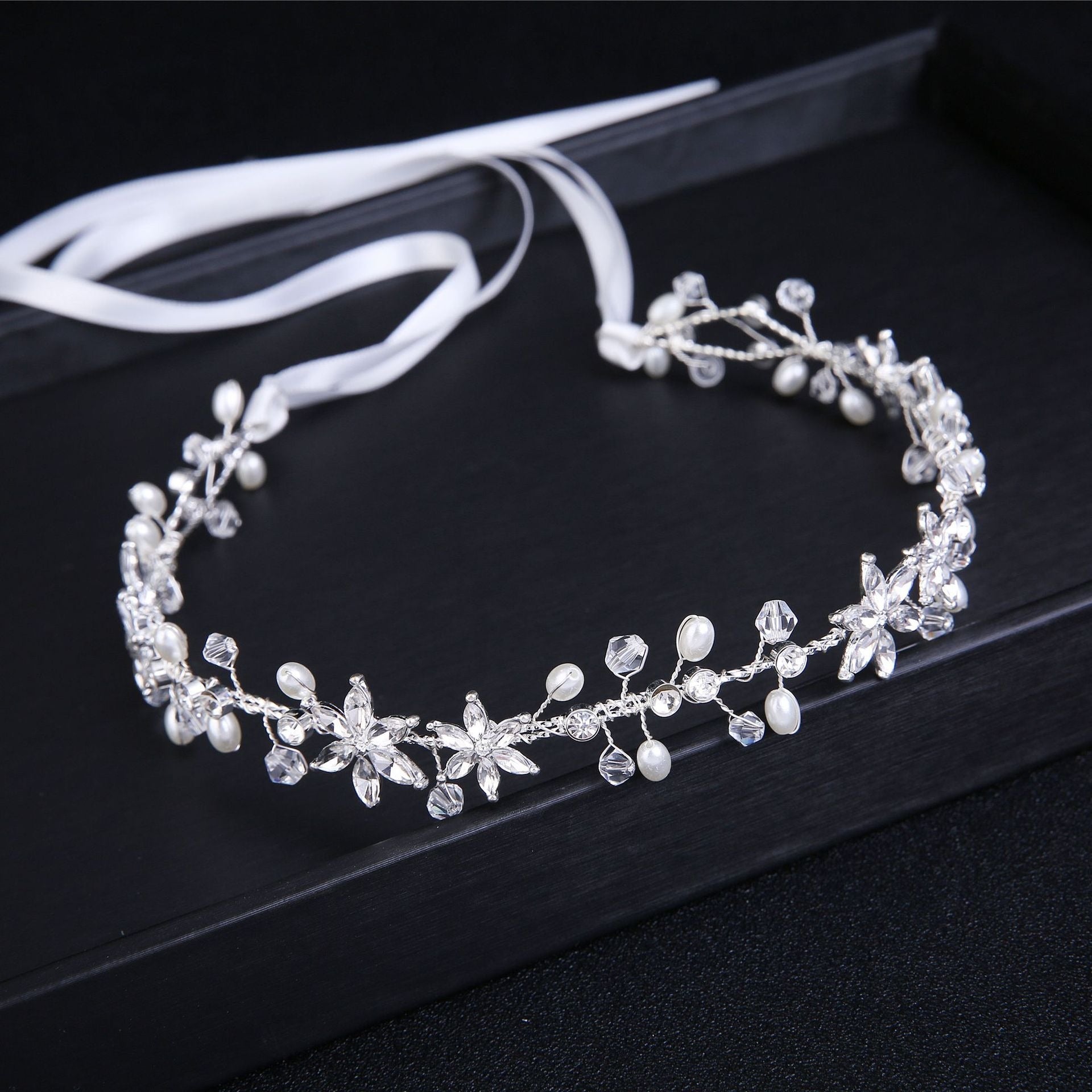 Bride Girl Headwear Korean Rhinestone Flower Pearl Hair Band Soft Chain Hair Hoop Minimalist Wedding Dress Hair Accessories - Luzilly Bridal & Apparel