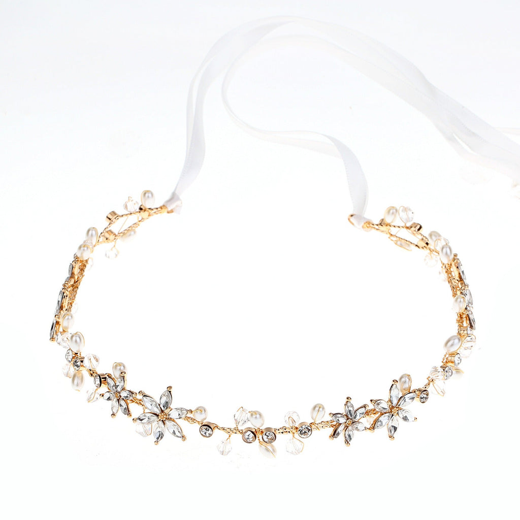 Bride Girl Headwear Korean Rhinestone Flower Pearl Hair Band Soft Chain Hair Hoop Minimalist Wedding Dress Hair Accessories - Luzilly Bridal & Apparel