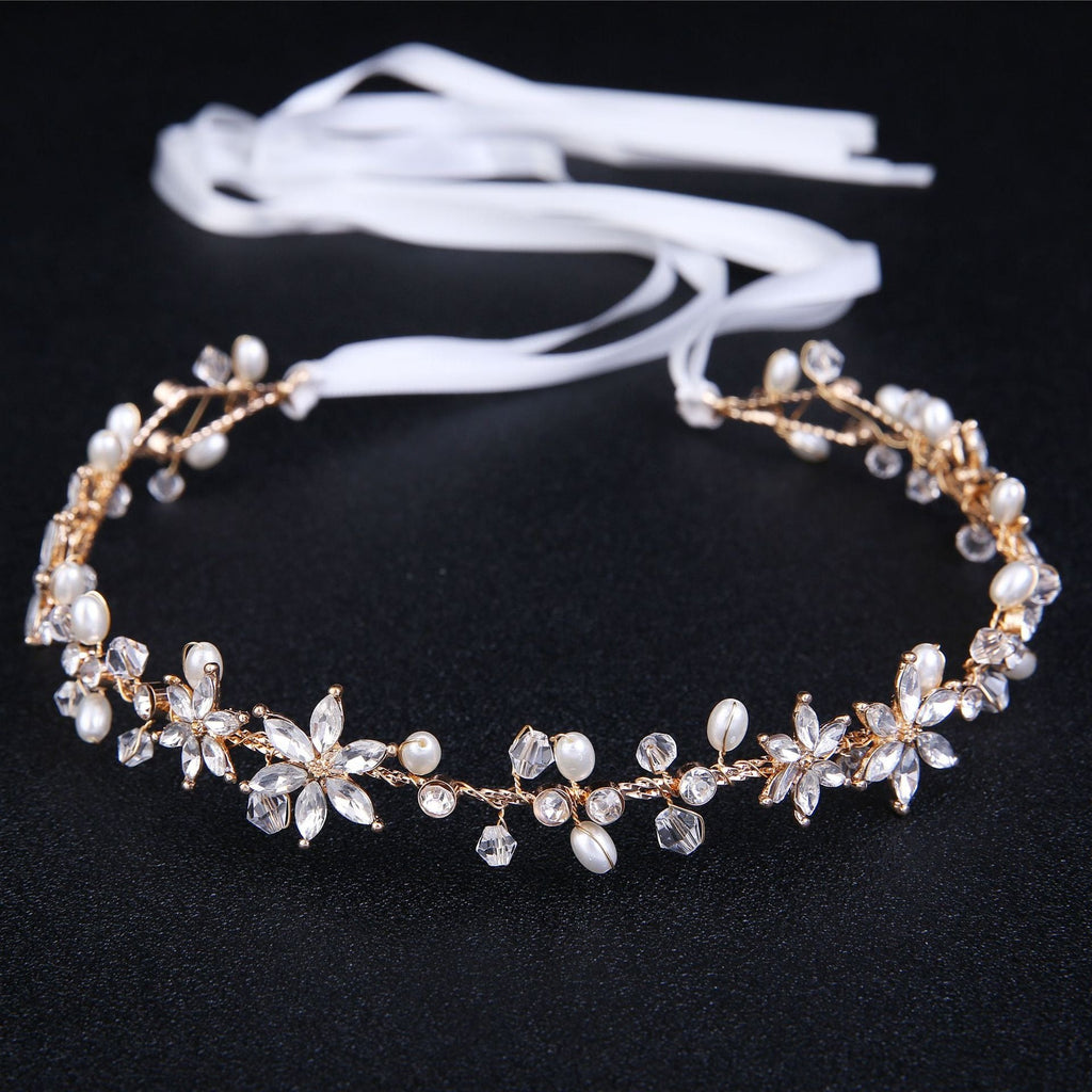 Bride Girl Headwear Korean Rhinestone Flower Pearl Hair Band Soft Chain Hair Hoop Minimalist Wedding Dress Hair Accessories - Luzilly Bridal & Apparel