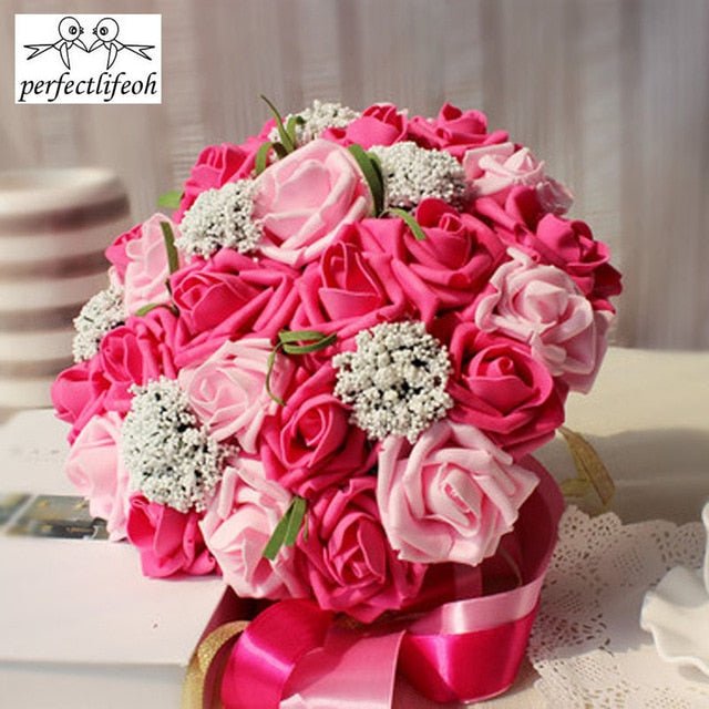 Bride Holding Flowers Romantic Wedding Colorful Bride 's Bouquet Red Pink Blue And Purple Bridal - Luzilly Bridal & Apparel