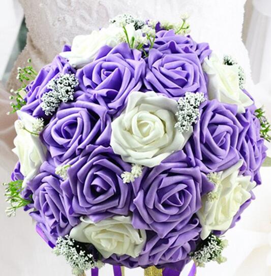 Bride Holding Flowers Romantic Wedding Colorful Bride 's Bouquet Red Pink Blue And Purple Bridal - Luzilly Bridal & Apparel