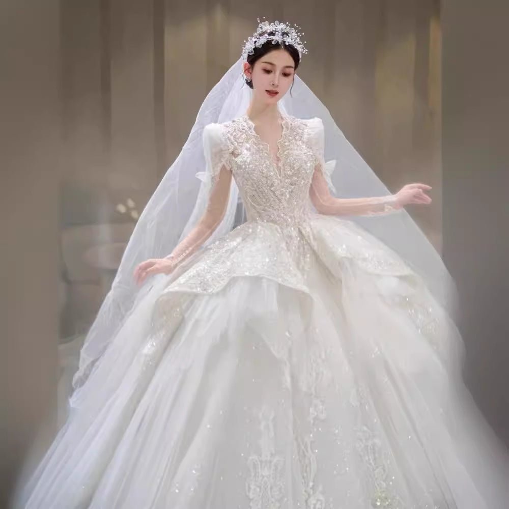 Bride Main Yarn Long Sleeve Heavy Industry Trailing French Retro Advanced - Luzilly Bridal & Apparel