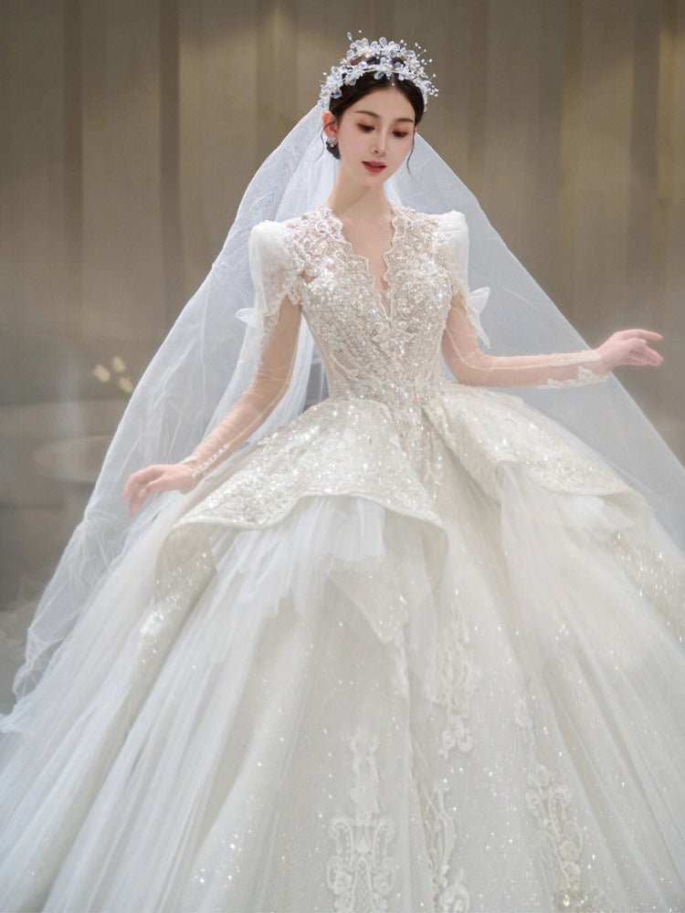 Bride Main Yarn Long Sleeve Heavy Industry Trailing French Retro Advanced - Luzilly Bridal & Apparel