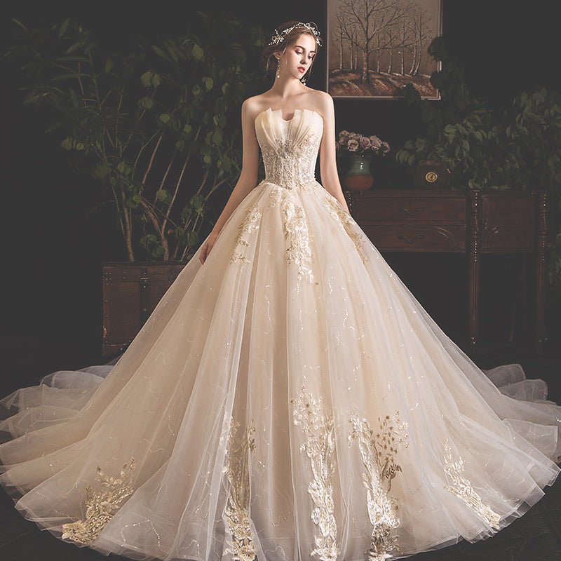 Champagne Tube-Top Wedding Dress with Train Option - Luzilly Bridal & Apparel