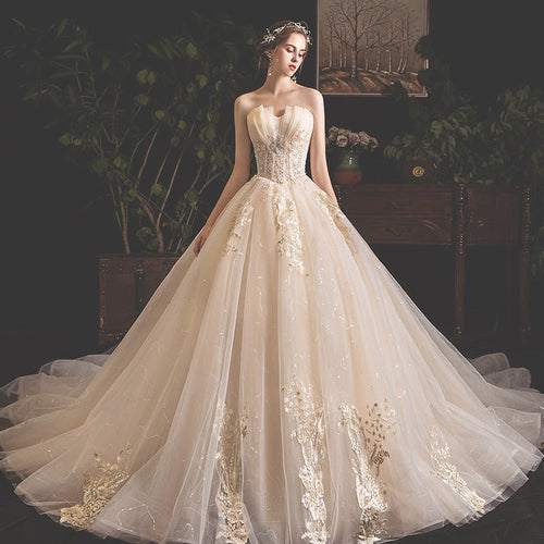 Champagne Tube-Top Wedding Dress with Train Option - Luzilly Bridal & Apparel