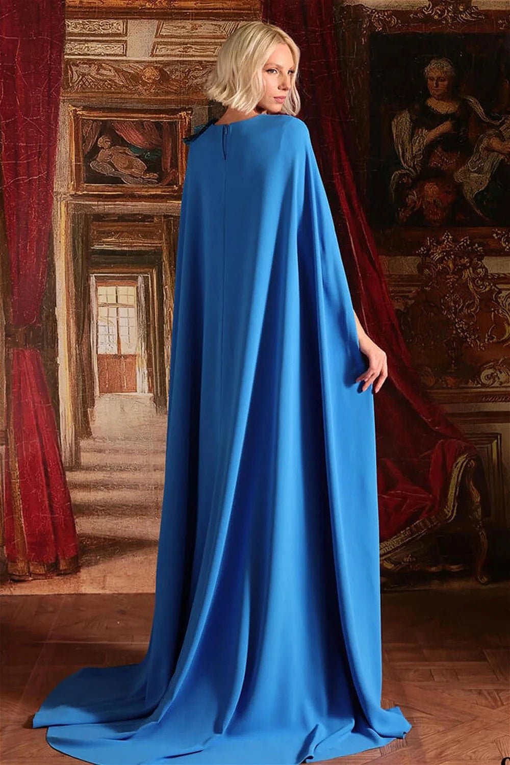 Bright Blue Cape-Sleeve Beaded Floral Mother of the Bride Dress - Luzilly Bridal & Apparel