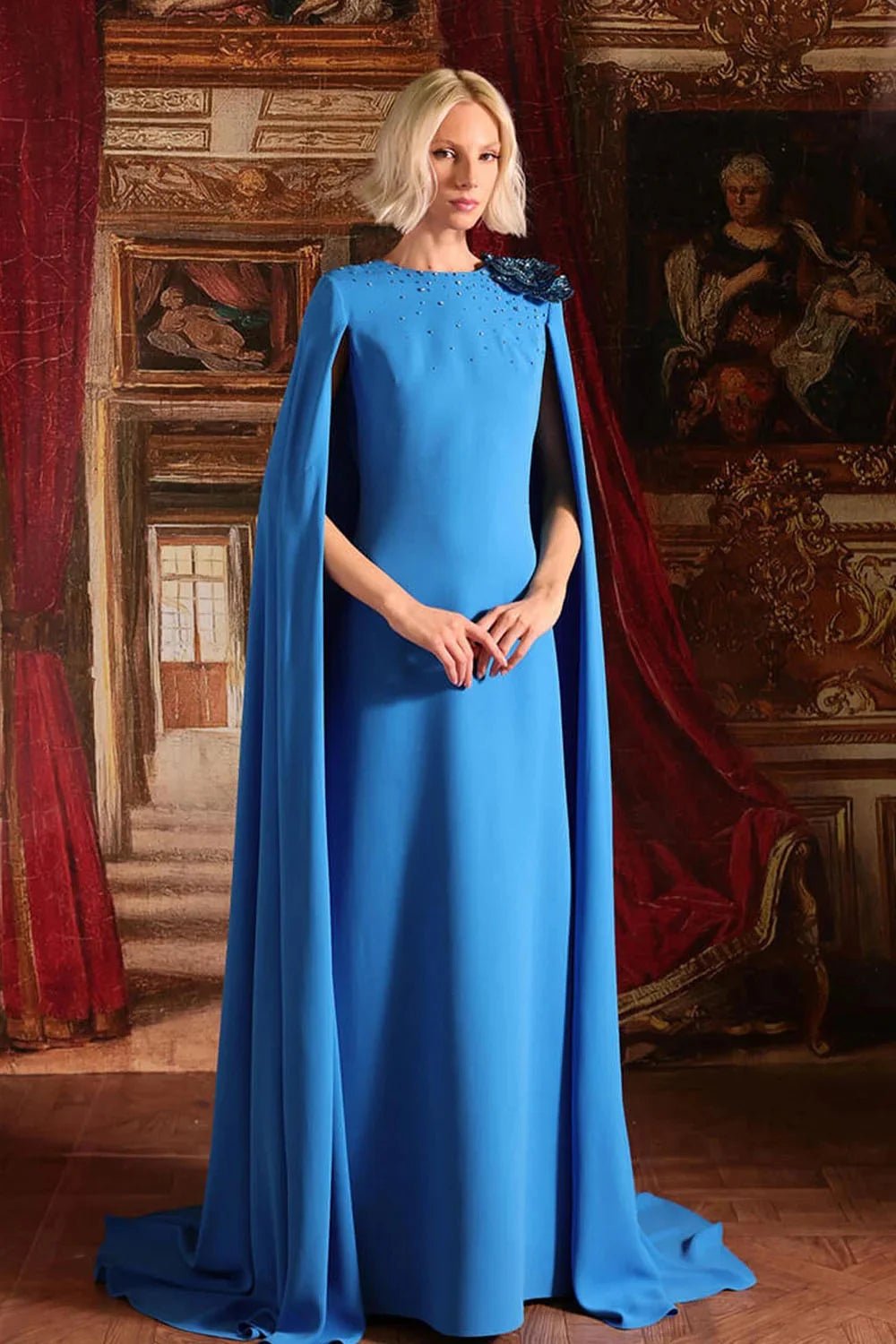 Bright Blue Cape-Sleeve Beaded Floral Mother of the Bride Dress - Luzilly Bridal & Apparel