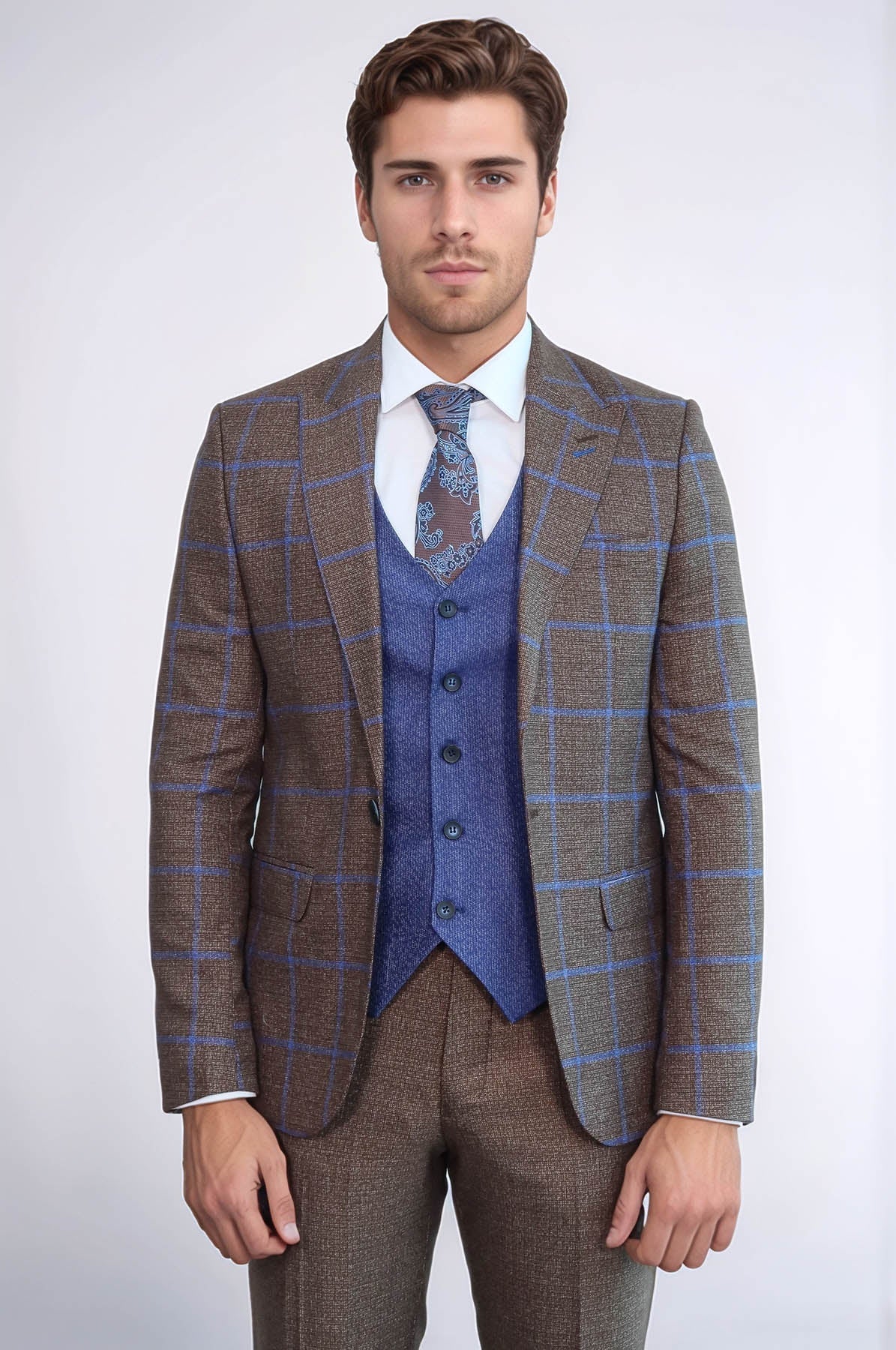 Brown Blue Checked Suit | Wessi - Luzilly Bridal & Apparel