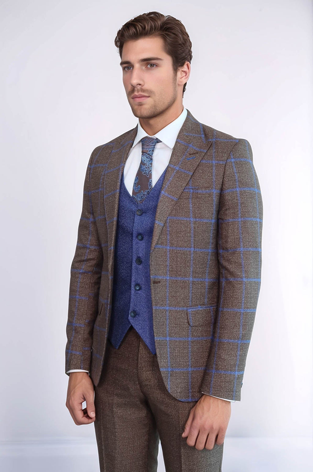 Brown Blue Checked Suit | Wessi - Luzilly Bridal & Apparel