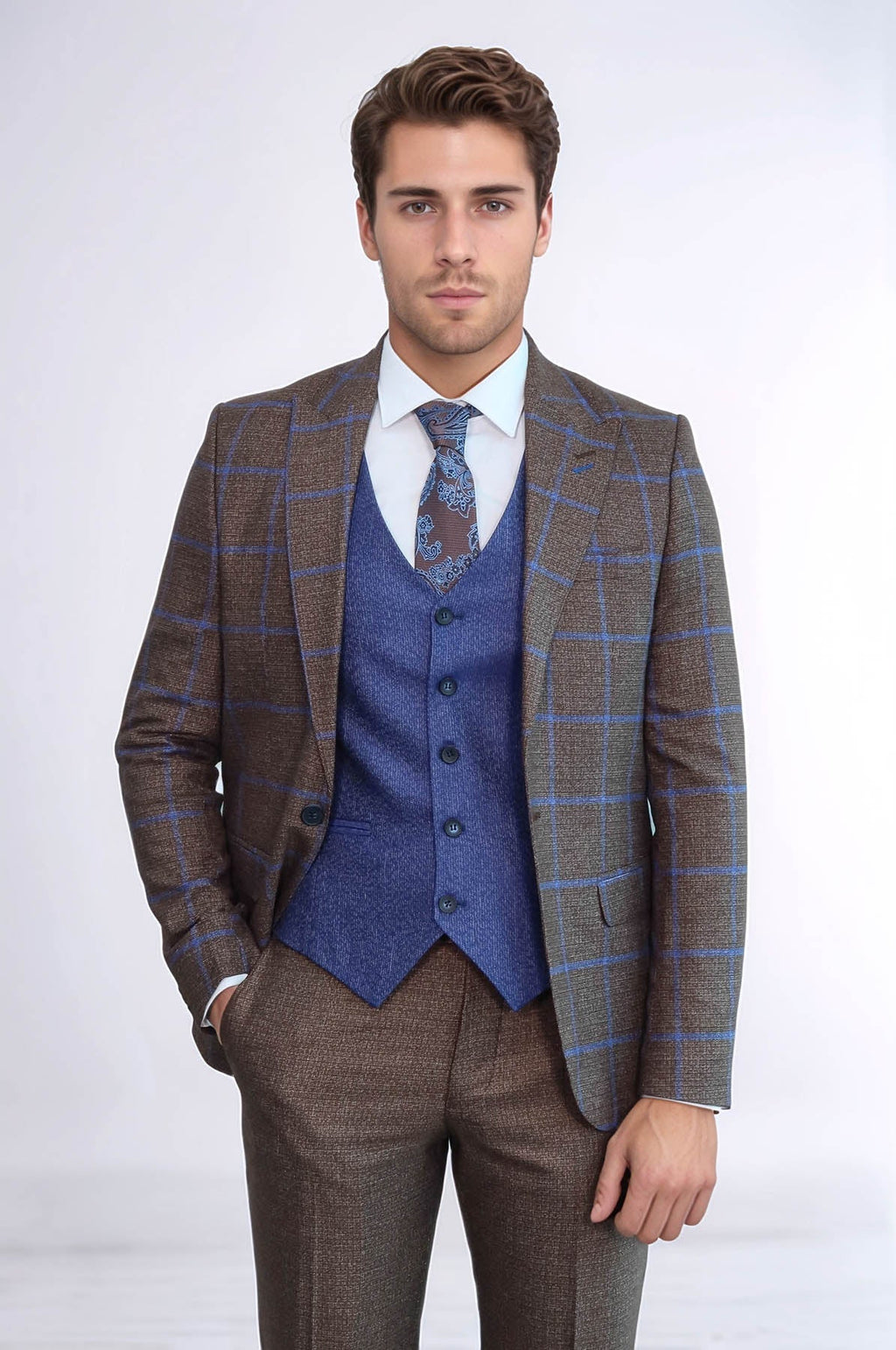 Brown Blue Checked Suit | Wessi - Luzilly Bridal & Apparel