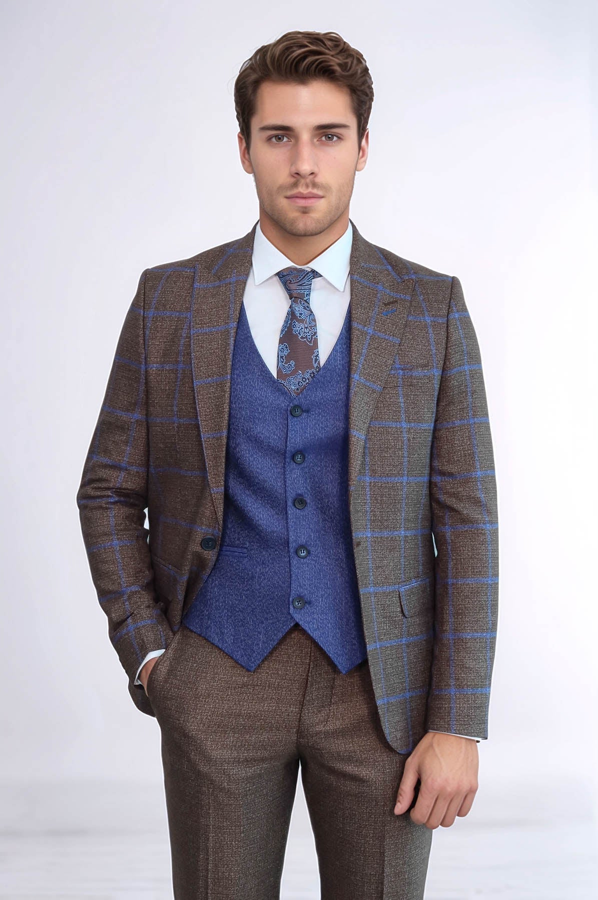 Brown Blue Checked Suit | Wessi - Luzilly Bridal & Apparel
