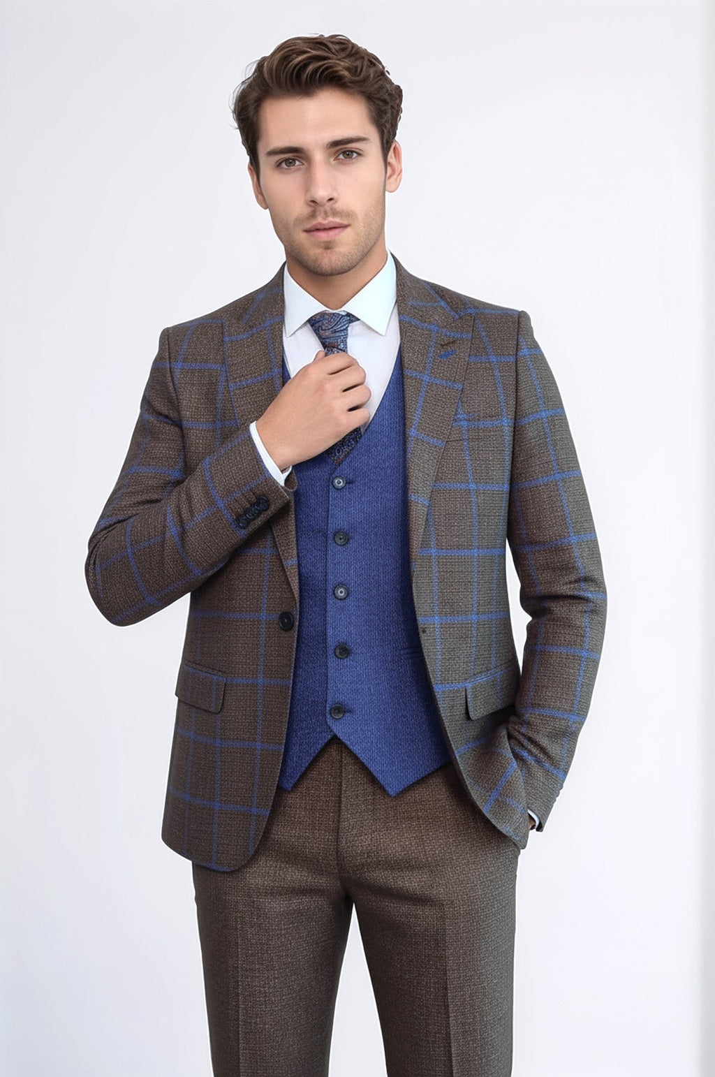 Brown Blue Checked Suit | Wessi - Luzilly Bridal & Apparel