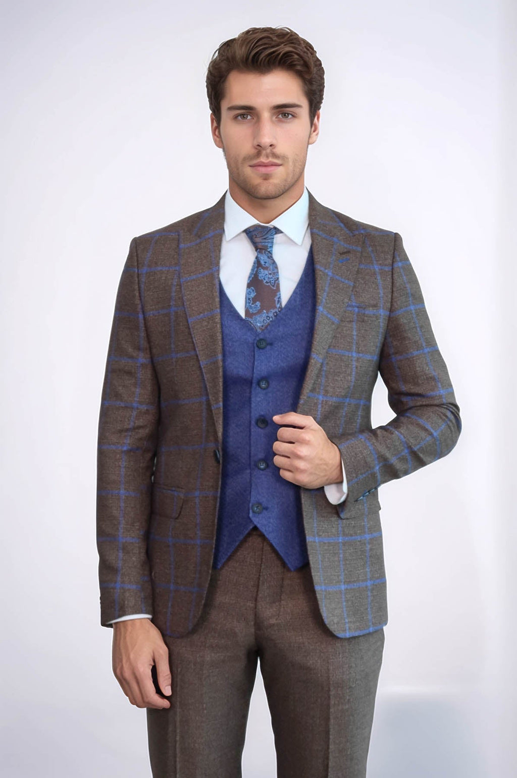 Brown Blue Checked Suit | Wessi - Luzilly Bridal & Apparel