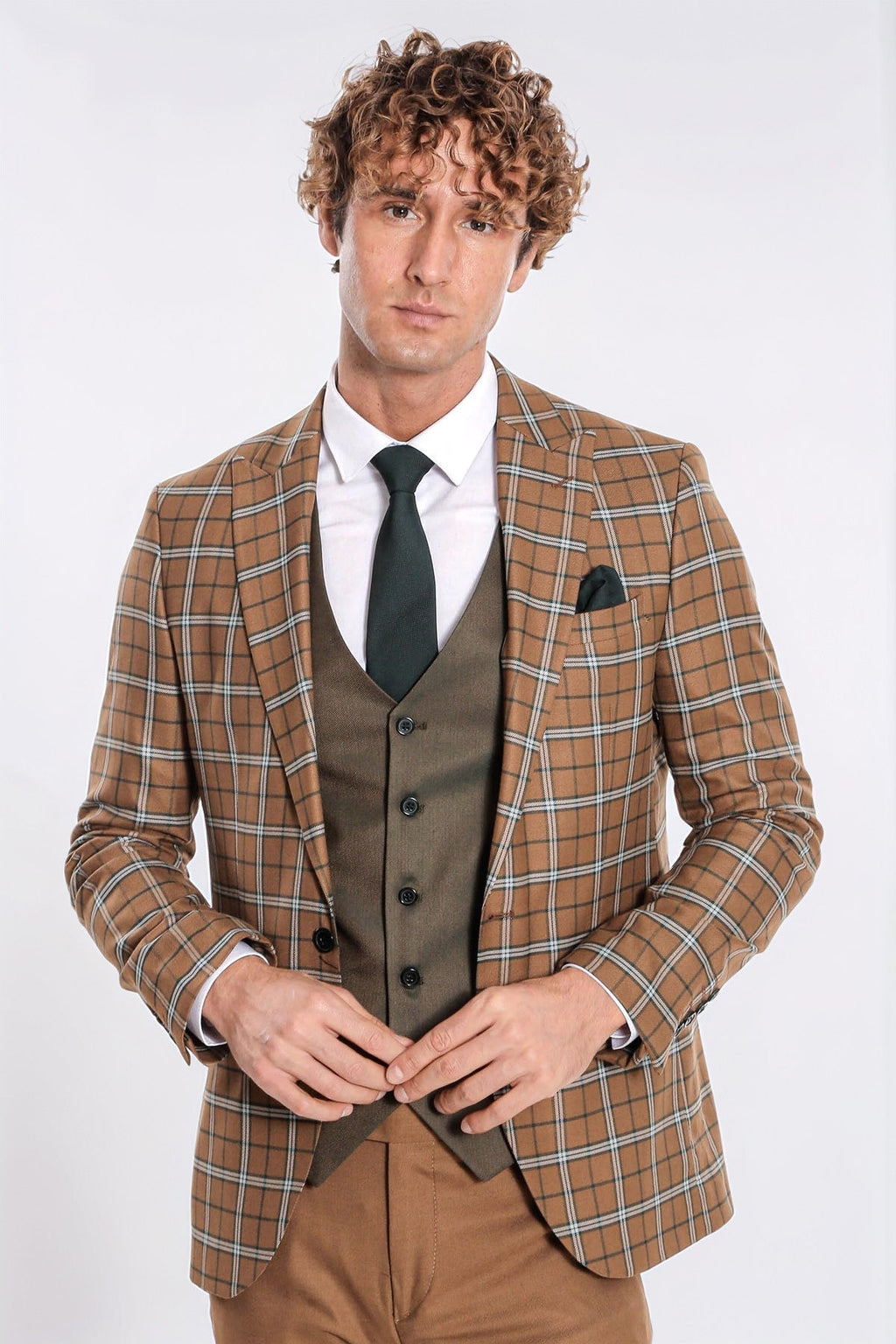 Brown Vested Slim Fit Checked Tan Men Suit - Wessi - Luzilly Bridal & Apparel