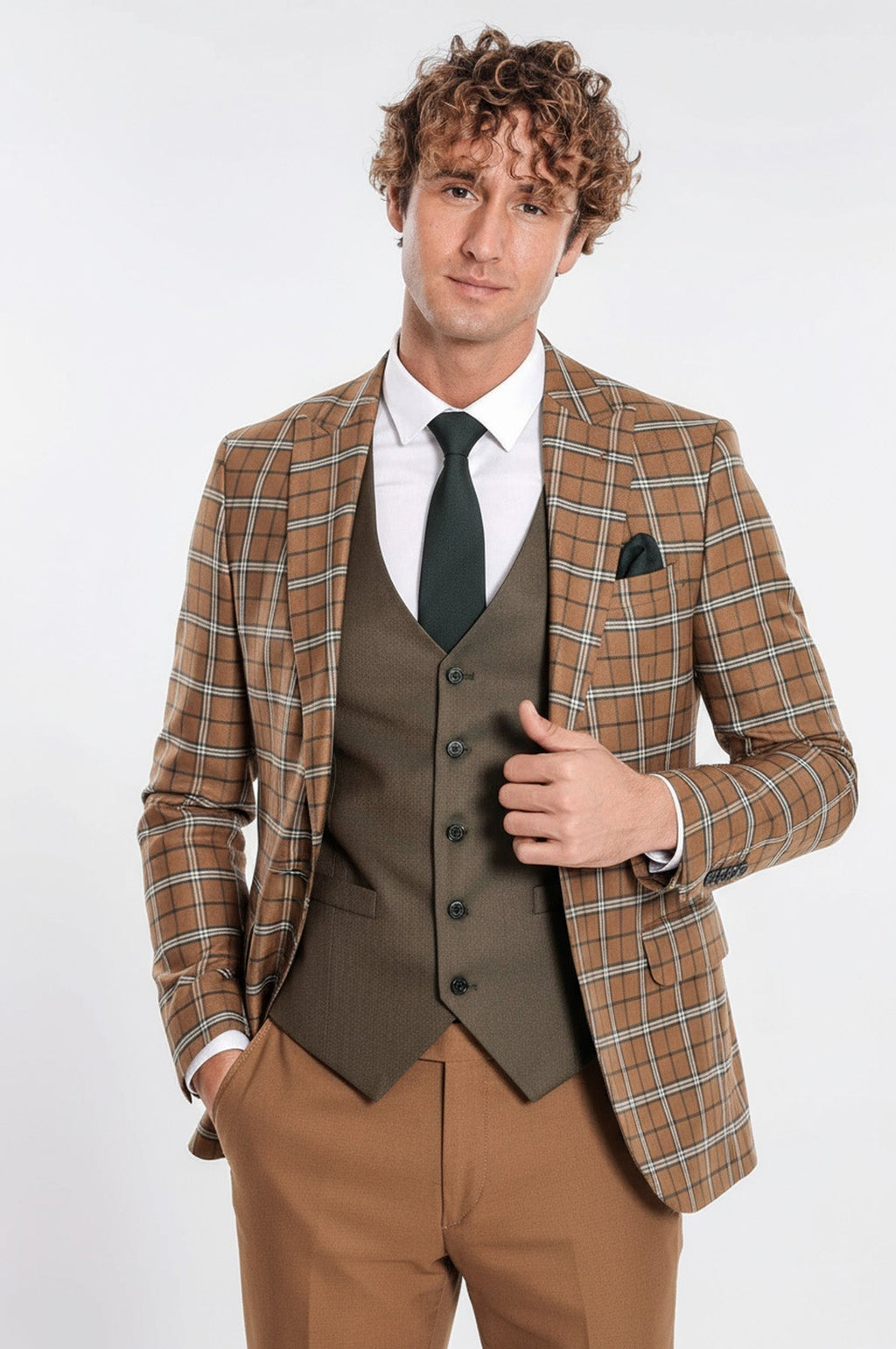 Brown Vested Slim Fit Checked Tan Men Suit - Wessi - Luzilly Bridal & Apparel