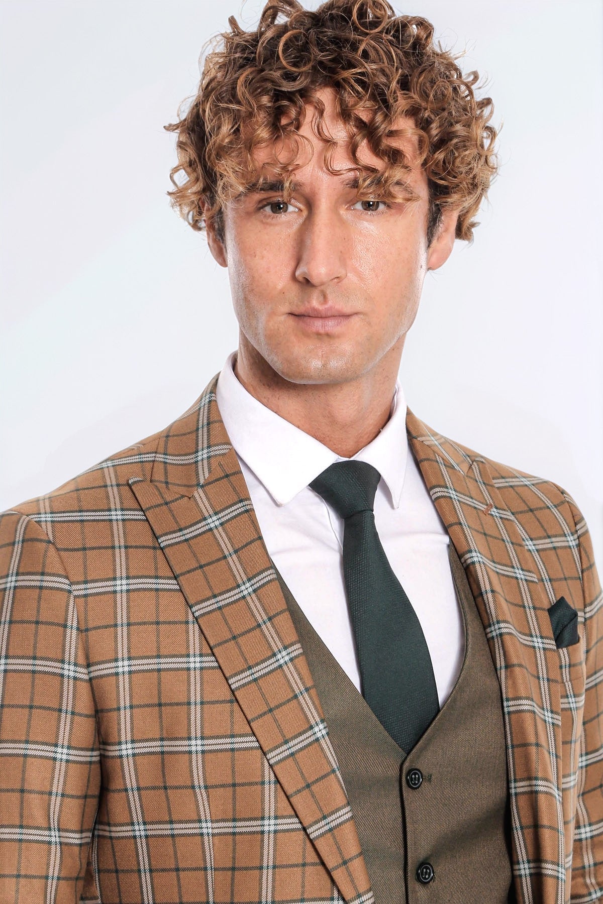 Brown Vested Slim Fit Checked Tan Men Suit - Wessi - Luzilly Bridal & Apparel