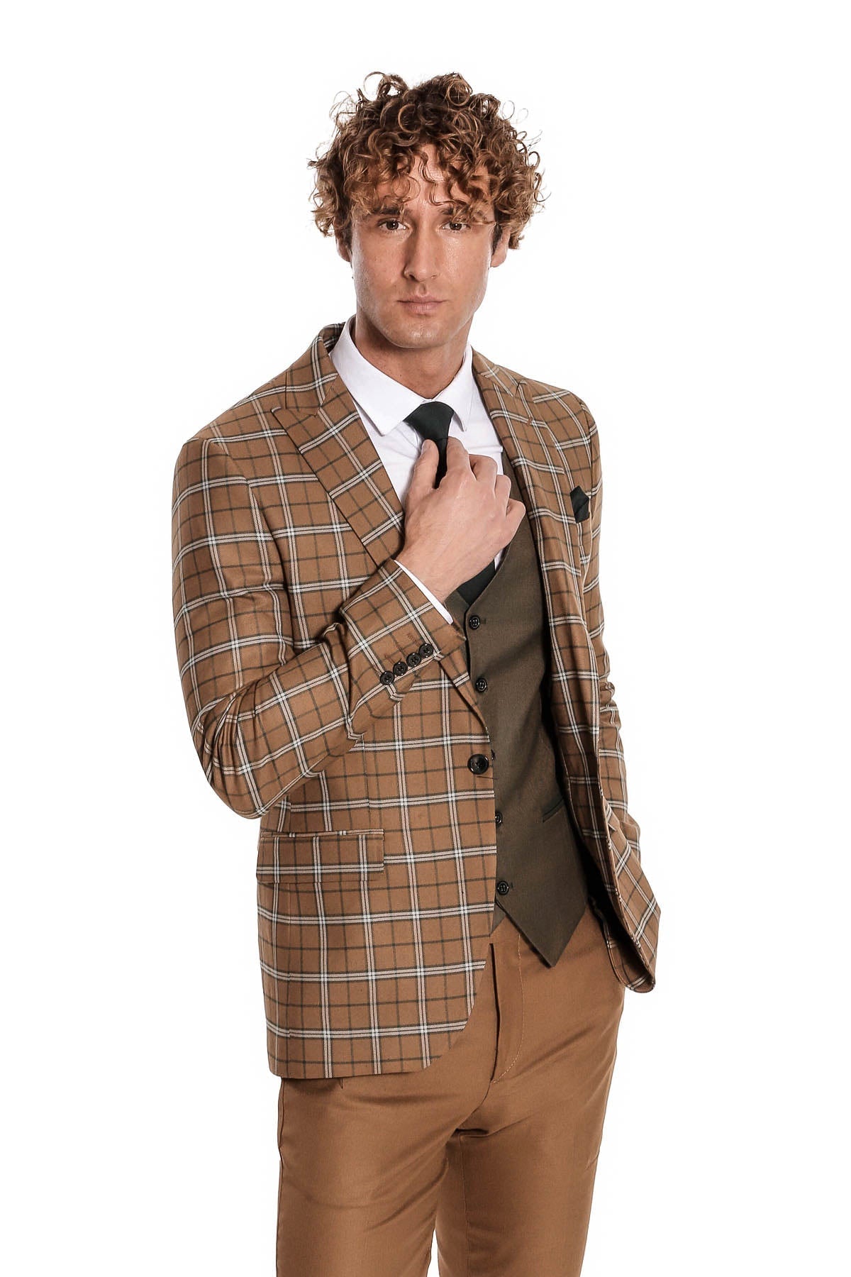 Brown Vested Slim Fit Checked Tan Men Suit - Wessi - Luzilly Bridal & Apparel