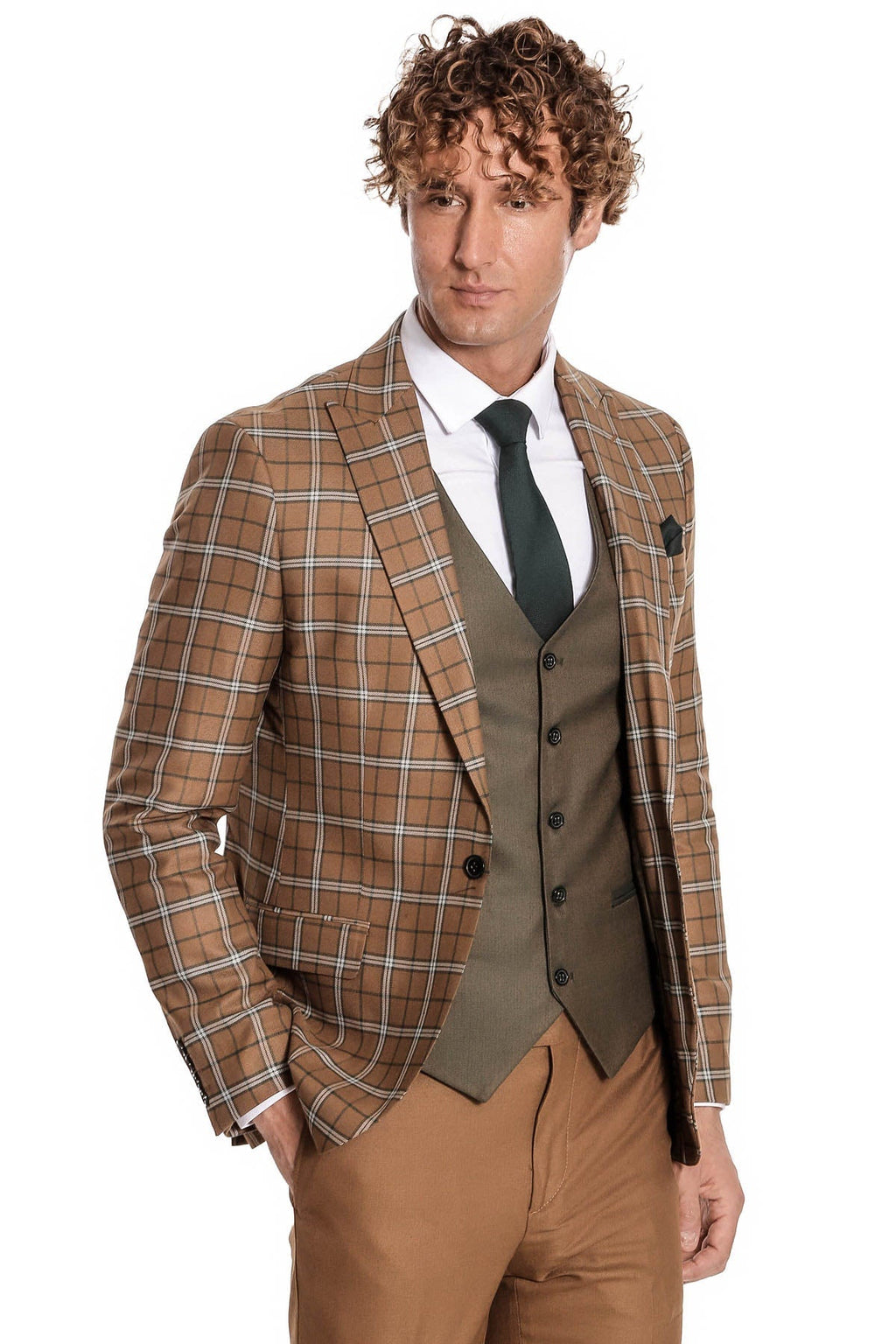 Brown Vested Slim Fit Checked Tan Men Suit - Wessi - Luzilly Bridal & Apparel
