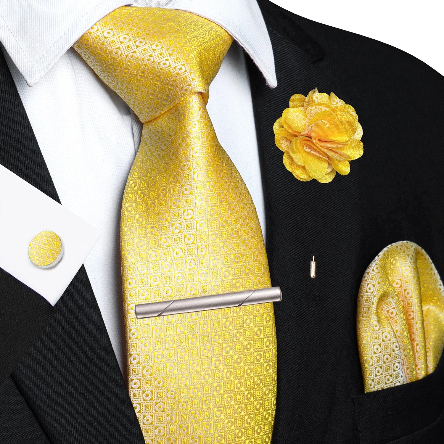 Brown Yellow Plaid Ties For Men Luxury 8cm Silk Tie Pin Pocket Square Cufflinks Tie Clip Set Business Party Wedding Accessories - Luzilly Bridal & Apparel