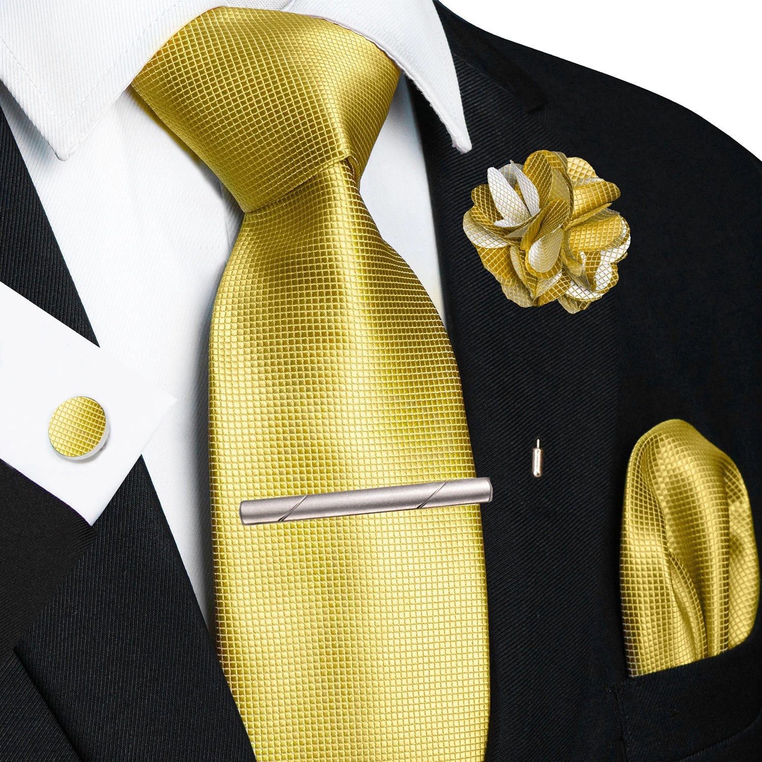 Brown Yellow Plaid Ties For Men Luxury 8cm Silk Tie Pin Pocket Square Cufflinks Tie Clip Set Business Party Wedding Accessories - Luzilly Bridal & Apparel