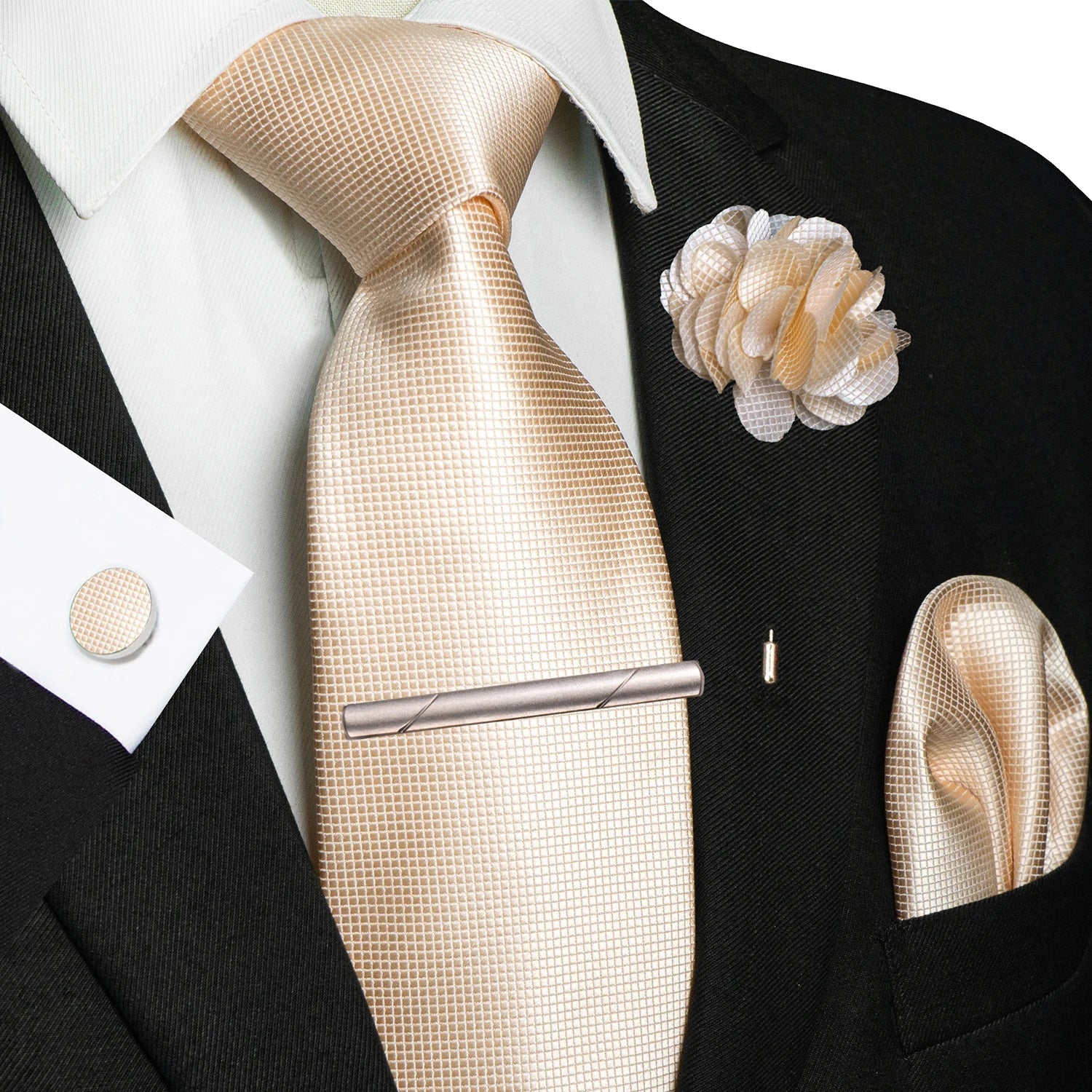 Brown Yellow Plaid Ties For Men Luxury 8cm Silk Tie Pin Pocket Square Cufflinks Tie Clip Set Business Party Wedding Accessories - Luzilly Bridal & Apparel