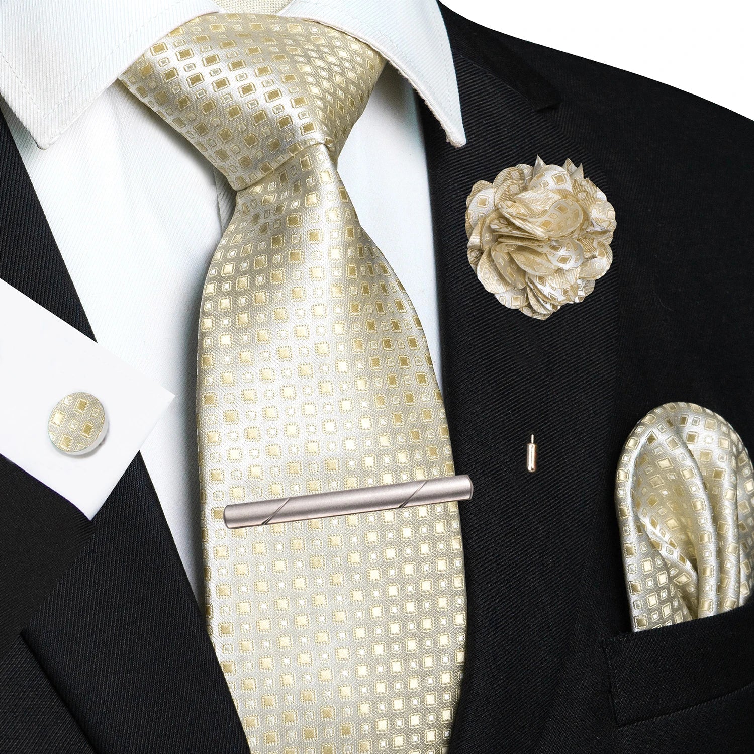 Brown Yellow Plaid Ties For Men Luxury 8cm Silk Tie Pin Pocket Square Cufflinks Tie Clip Set Business Party Wedding Accessories - Luzilly Bridal & Apparel