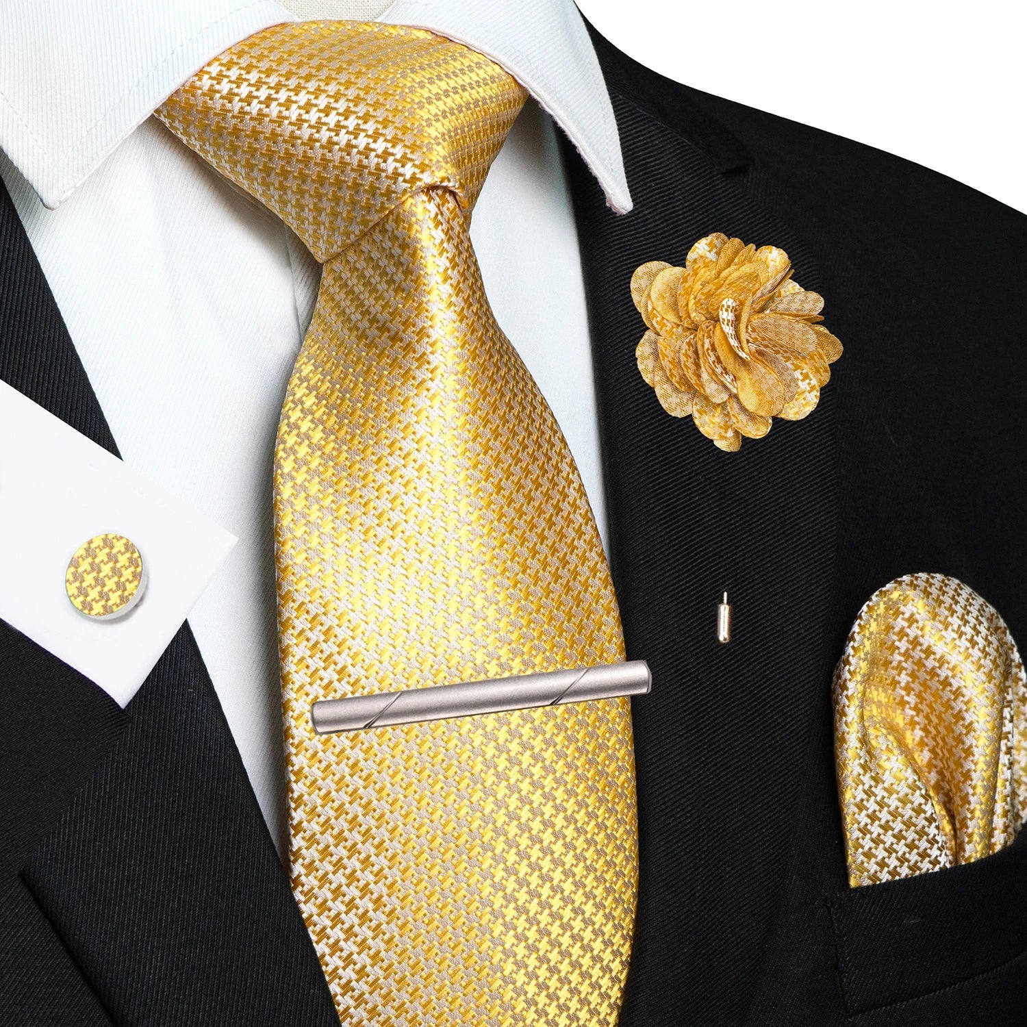 Brown Yellow Plaid Ties For Men Luxury 8cm Silk Tie Pin Pocket Square Cufflinks Tie Clip Set Business Party Wedding Accessories - Luzilly Bridal & Apparel