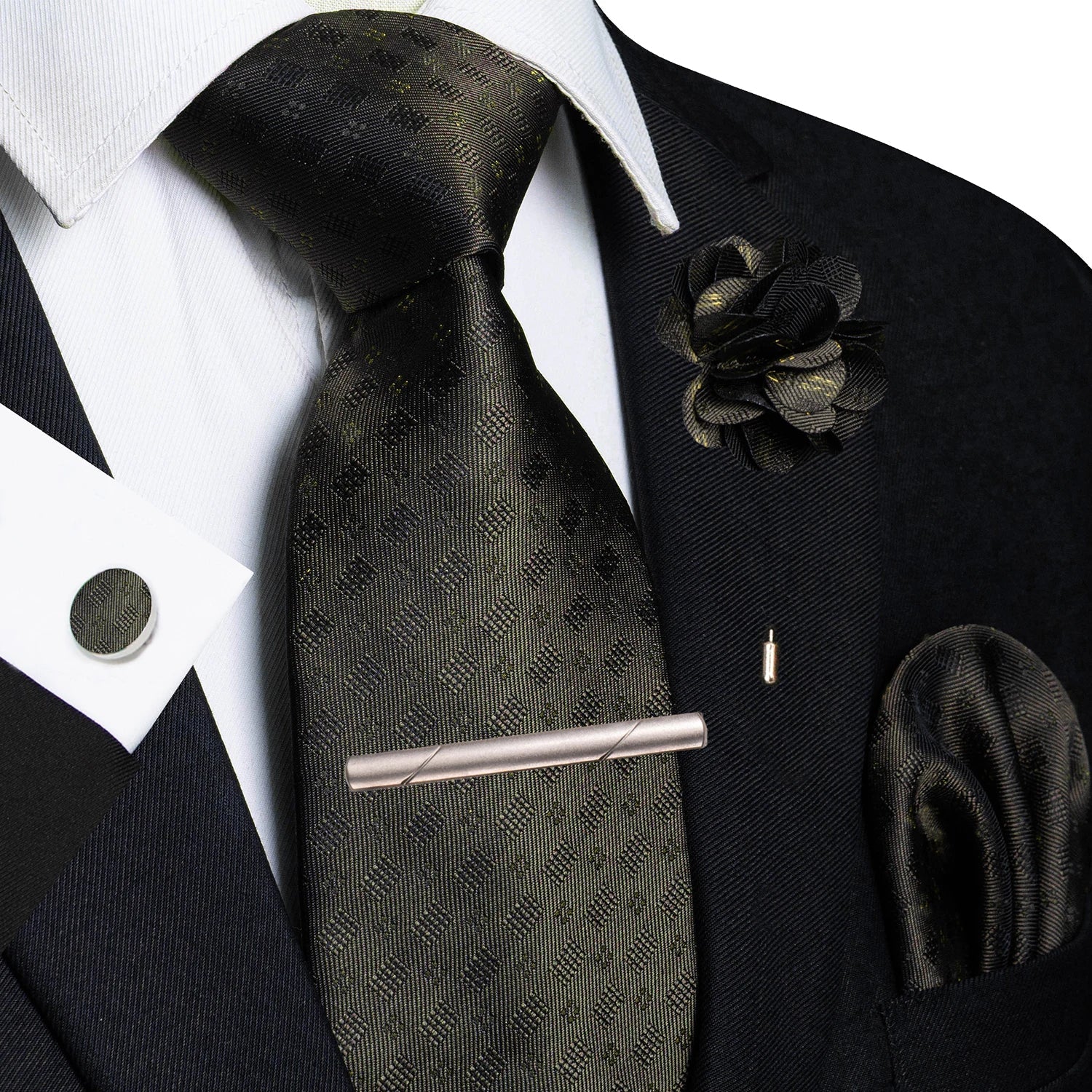 Brown Yellow Plaid Ties For Men Luxury 8cm Silk Tie Pin Pocket Square Cufflinks Tie Clip Set Business Party Wedding Accessories - Luzilly Bridal & Apparel