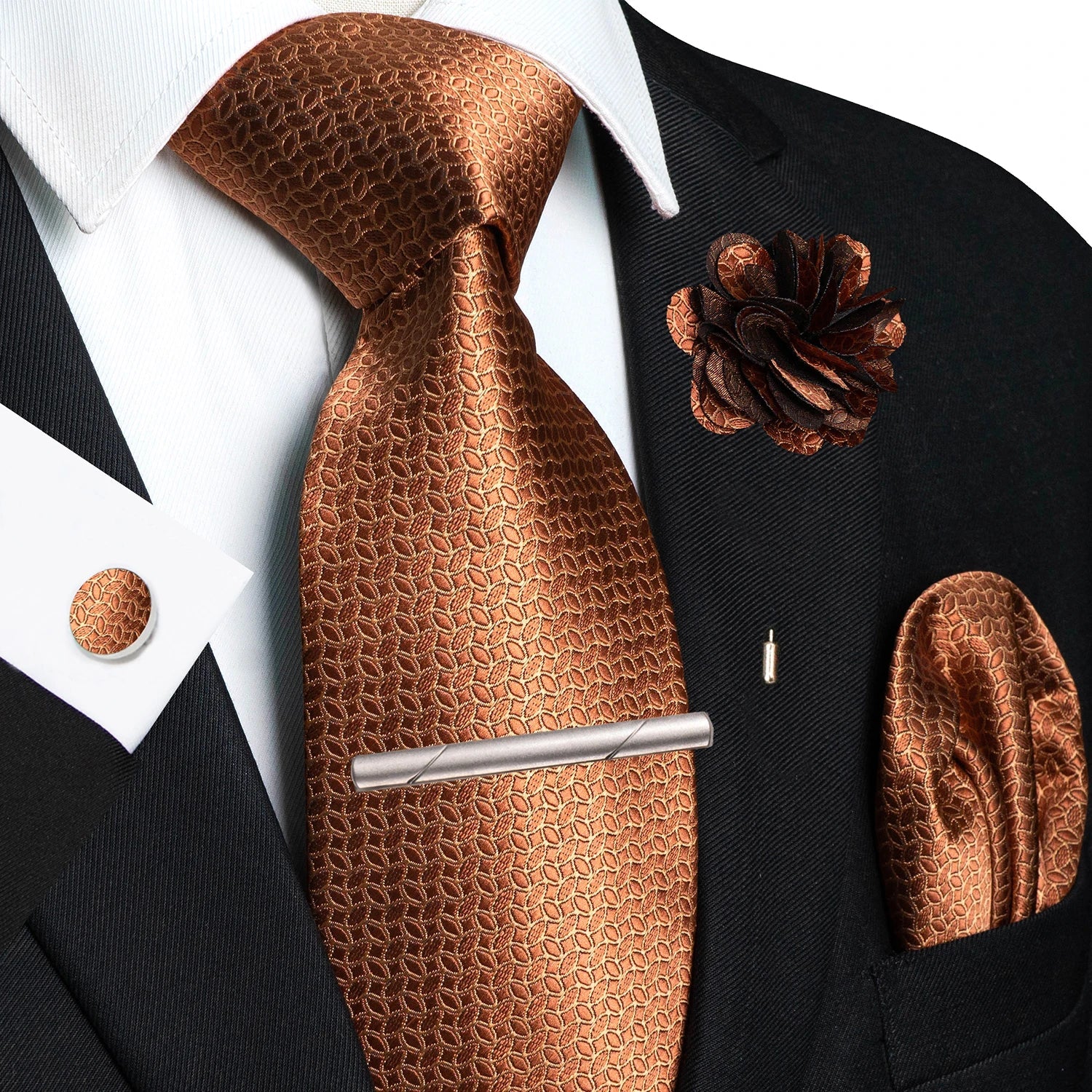 Brown Yellow Plaid Ties For Men Luxury 8cm Silk Tie Pin Pocket Square Cufflinks Tie Clip Set Business Party Wedding Accessories - Luzilly Bridal & Apparel