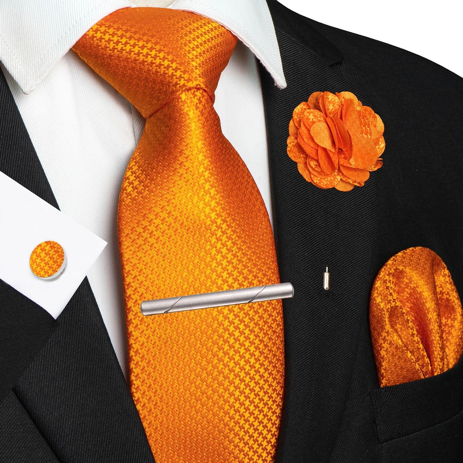 Brown Yellow Plaid Ties For Men Luxury 8cm Silk Tie Pin Pocket Square Cufflinks Tie Clip Set Business Party Wedding Accessories - Luzilly Bridal & Apparel