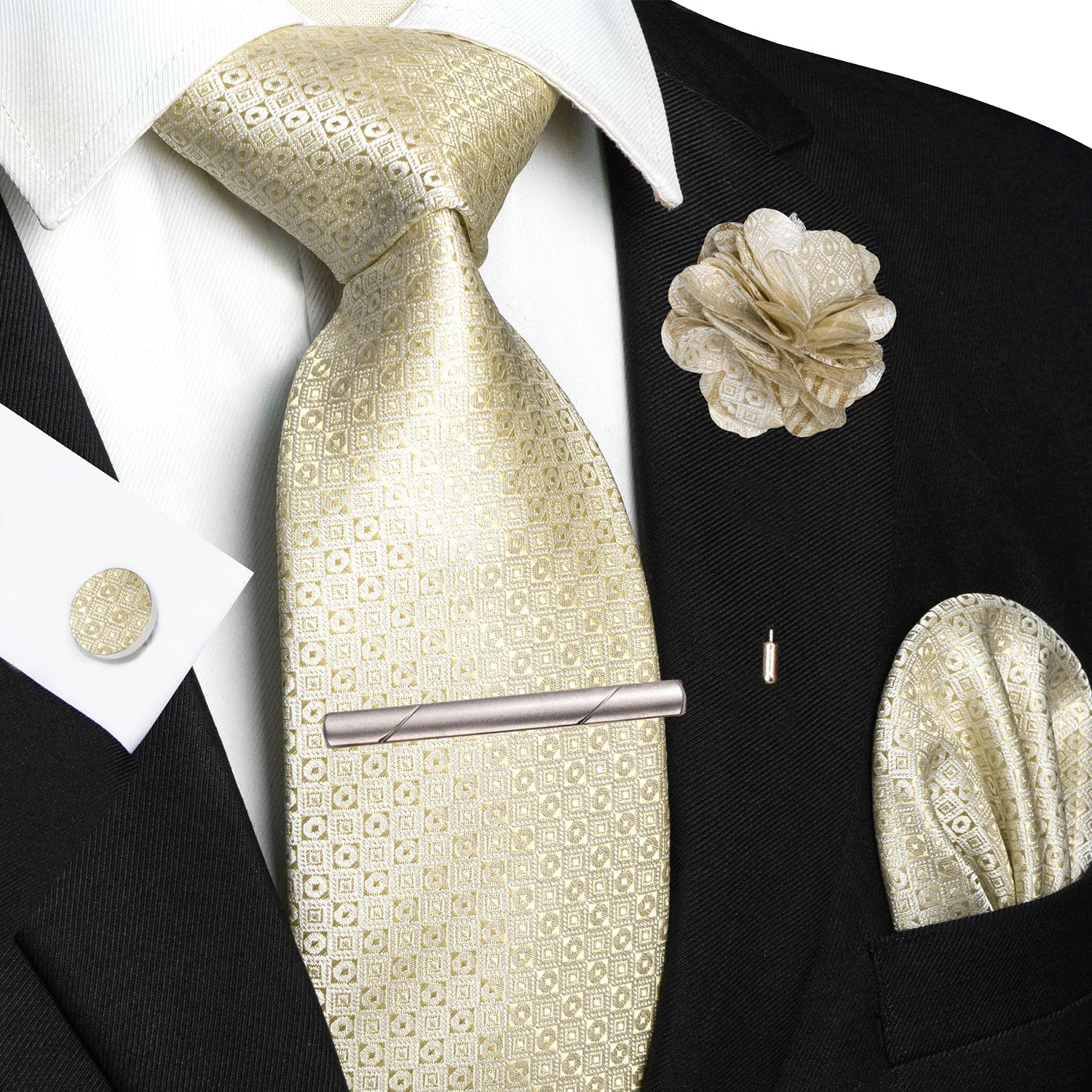 Brown Yellow Plaid Ties For Men Luxury 8cm Silk Tie Pin Pocket Square Cufflinks Tie Clip Set Business Party Wedding Accessories - Luzilly Bridal & Apparel