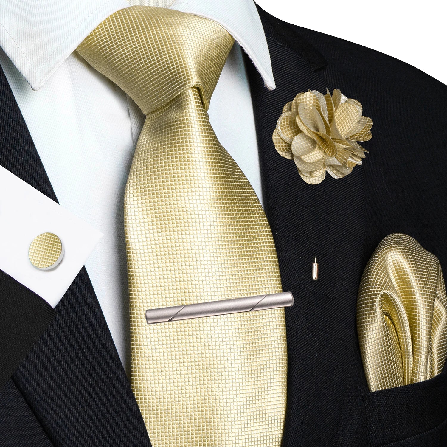 Brown Yellow Plaid Ties For Men Luxury 8cm Silk Tie Pin Pocket Square Cufflinks Tie Clip Set Business Party Wedding Accessories - Luzilly Bridal & Apparel
