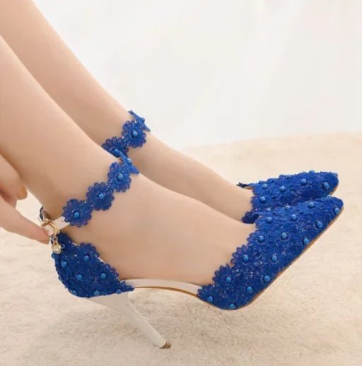 Buckle-Strap Hollow Lace Pointed Bridal Heels - Luzilly Bridal & Apparel