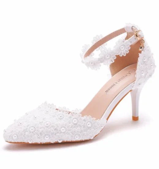 Buckle-Strap Hollow Lace Pointed Bridal Heels - Luzilly Bridal & Apparel